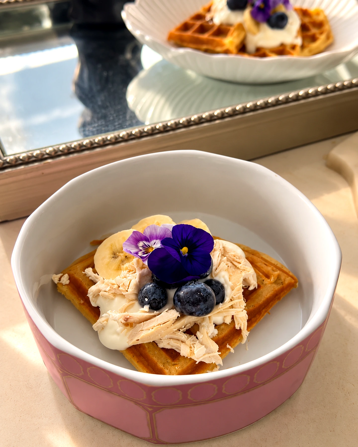 The bowl · Chickpea waffles, chicken, blueberry