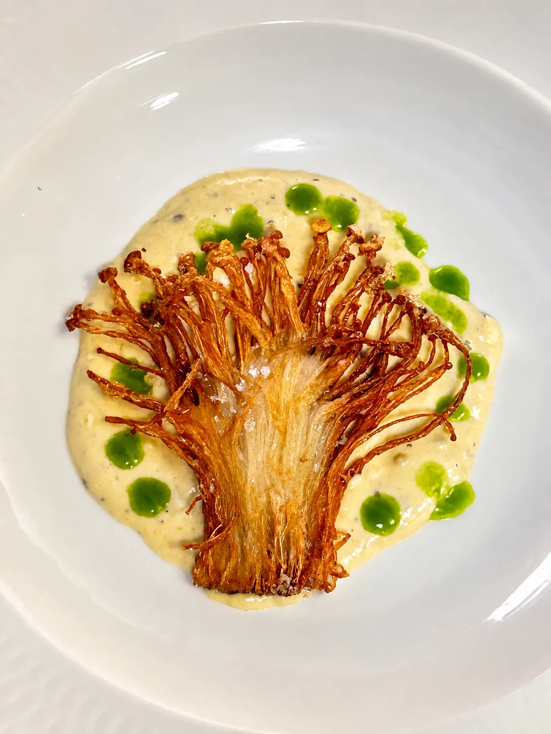 Fried Enoki Tree · Butter bean puree, chive oil