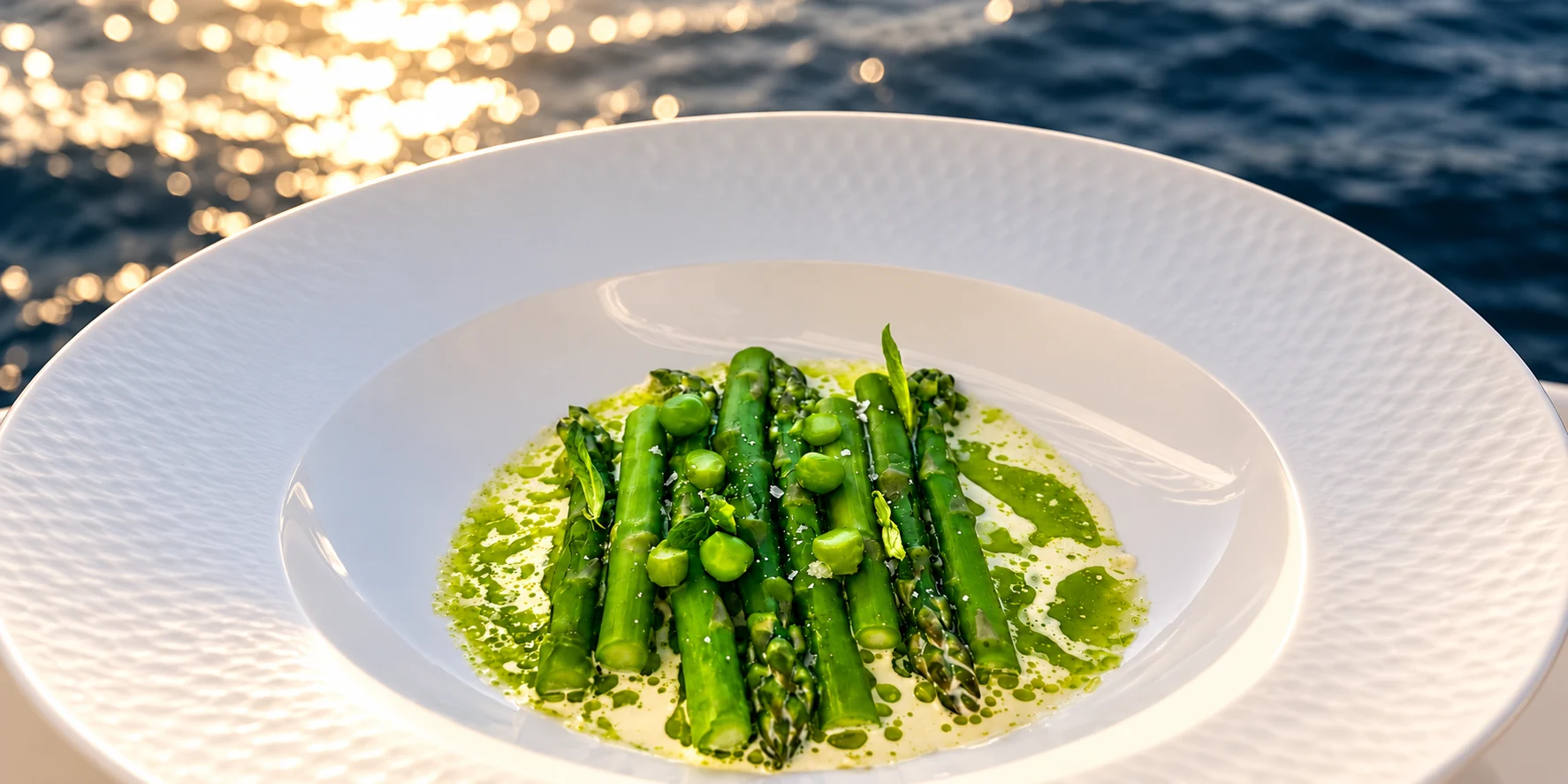 Green asparagus, broad beans and herb oil on a white plate beside the golden sea